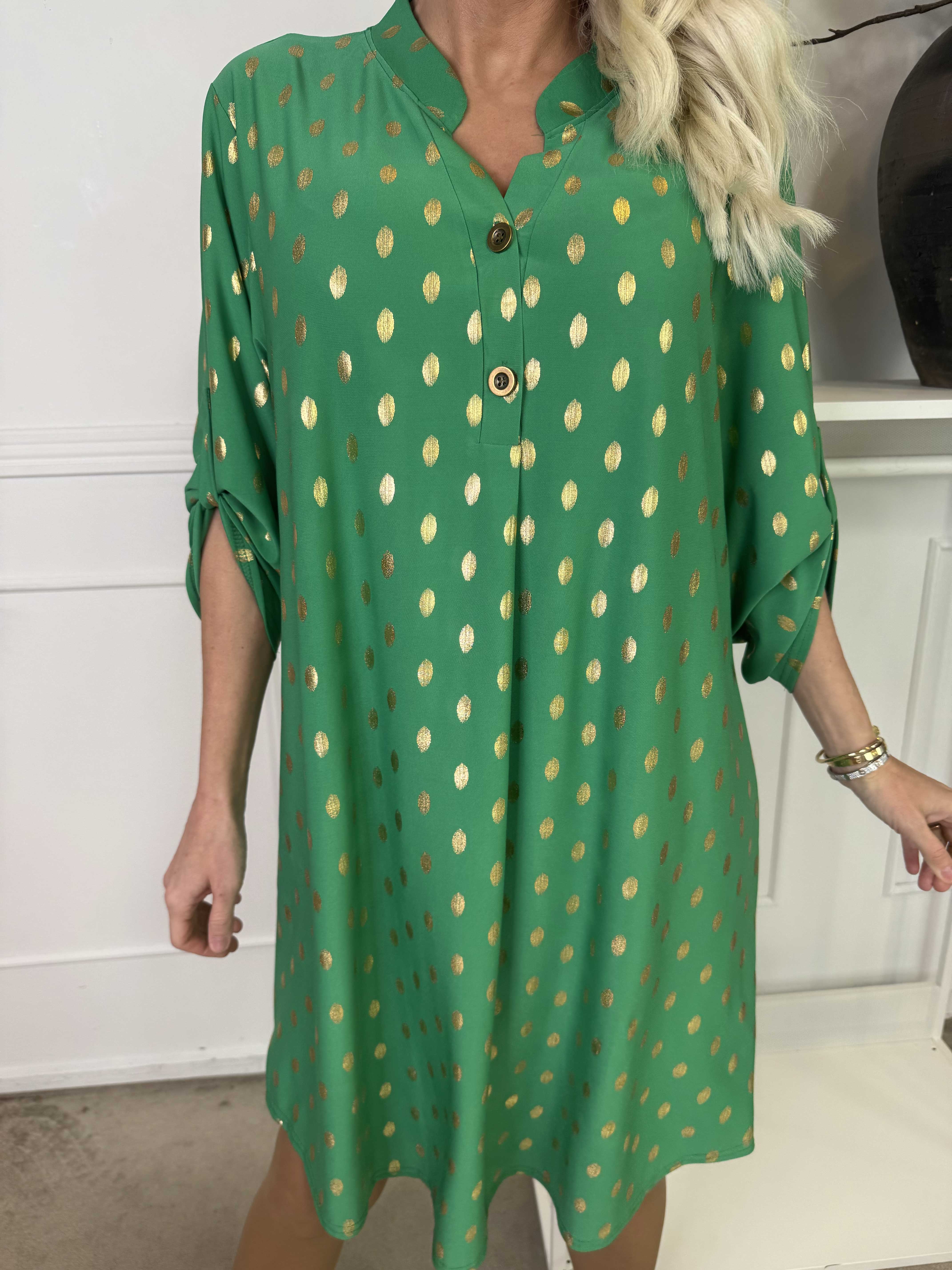 Ebba Gold Long - Elastisk kjole med guld prikker